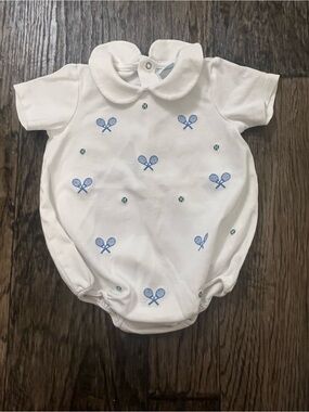 Edgehill Collection White Baby One-Piece with Blue Tennis Motifs